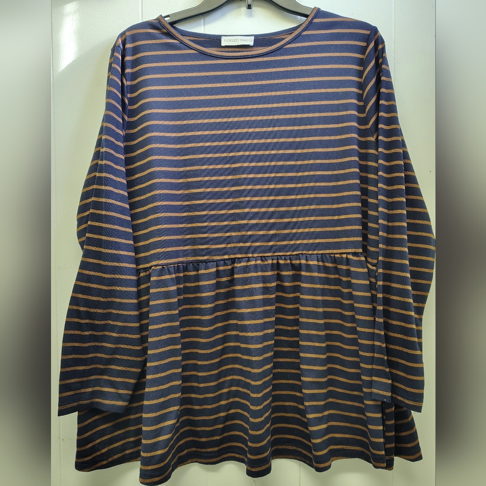 Tickled Teal Navy and Tan Striped Peplum Tunic